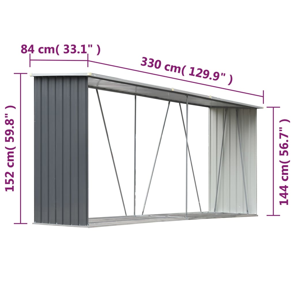 Haardhoutschuur 330x84x152 cm gegalvaniseerd staal grijs