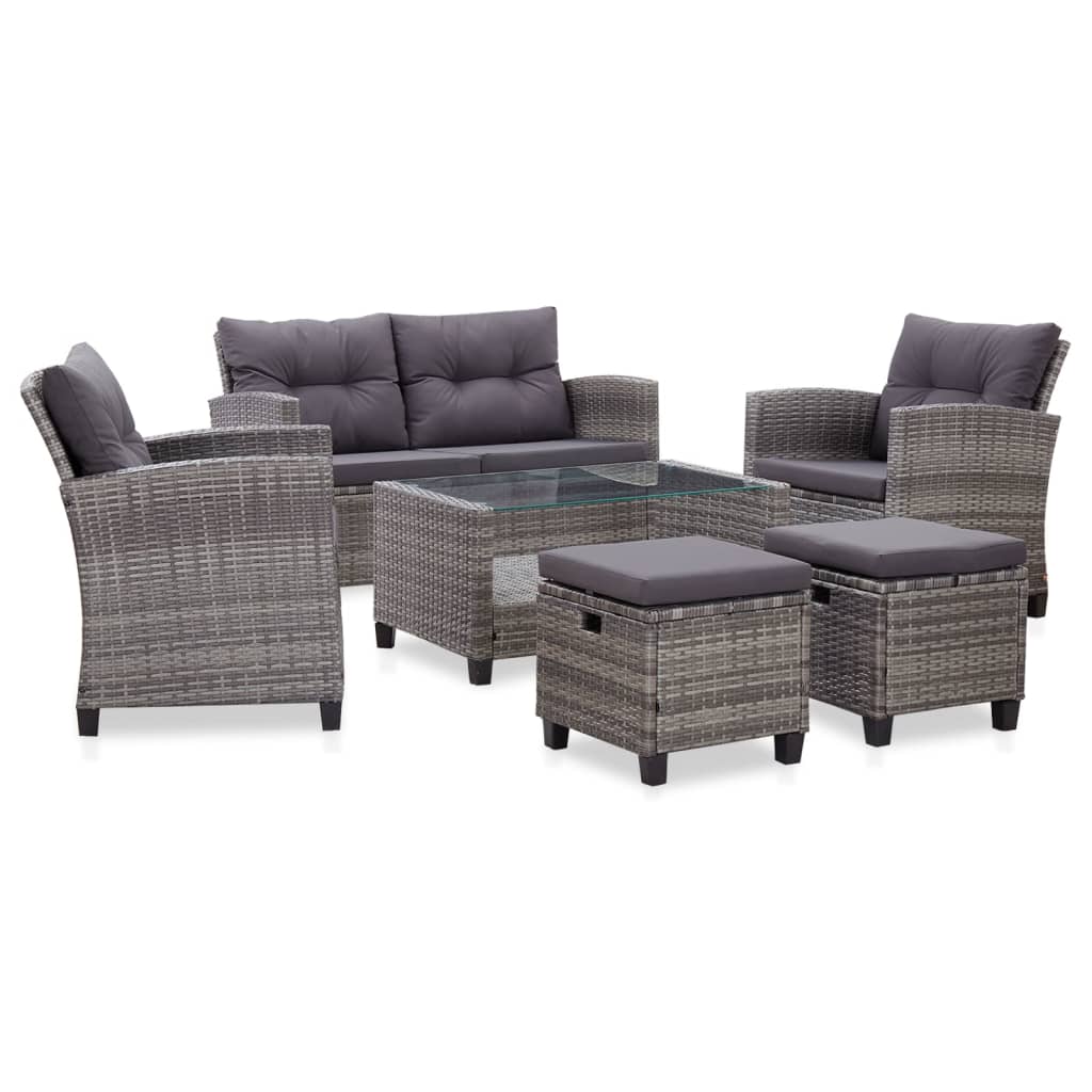 6-delige Loungeset met kussens poly rattan donkergrijs