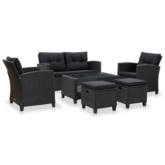 6-delige Loungeset met kussens poly rattan zwart