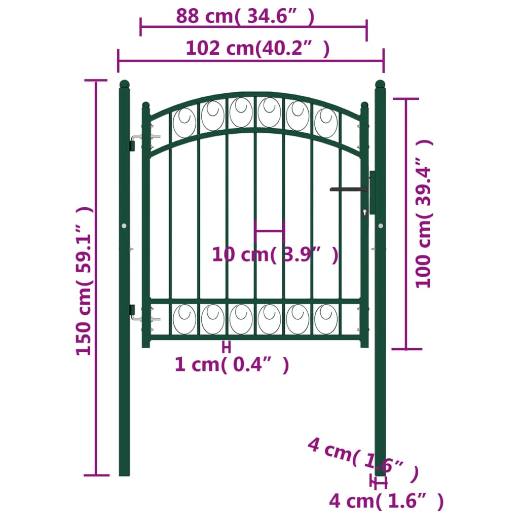 Poort met gebogen bovenkant 100x100 cm staal groen