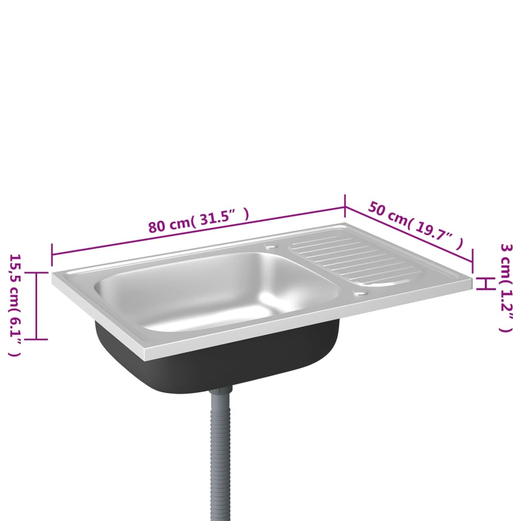 Gootsteen met afvoerset 800x500x155 mm roestvrij staal zilver