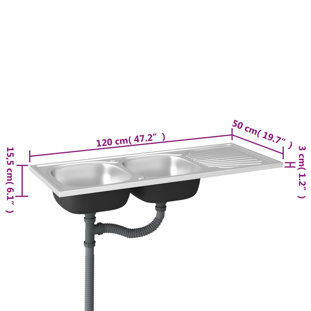 Gootsteen dubbele bakken 1200x500x155 mm roestvrij staal zilver