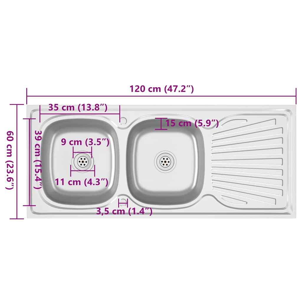 Gootsteen dubbele bak 1200x600x155 mm roestvrij staal zilver