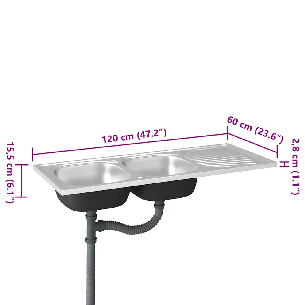 Gootsteen dubbele bak 1200x600x155 mm roestvrij staal zilver