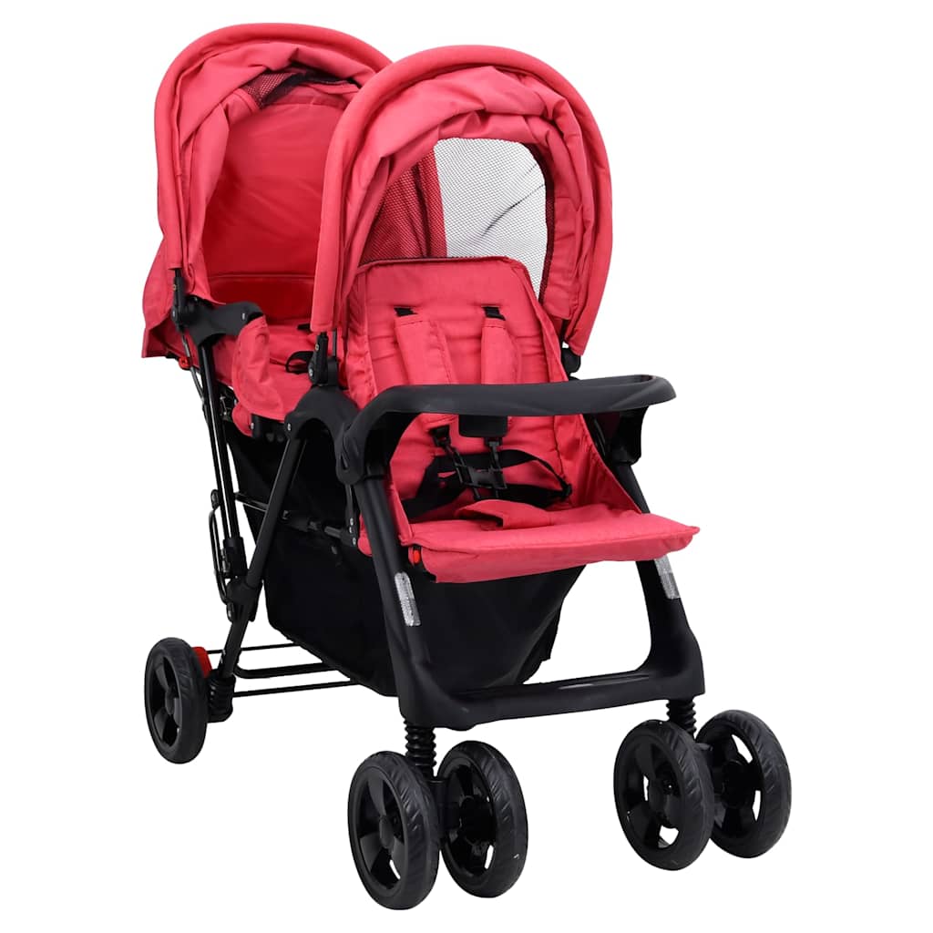 Tweelingkinderwagen tandem staal rood