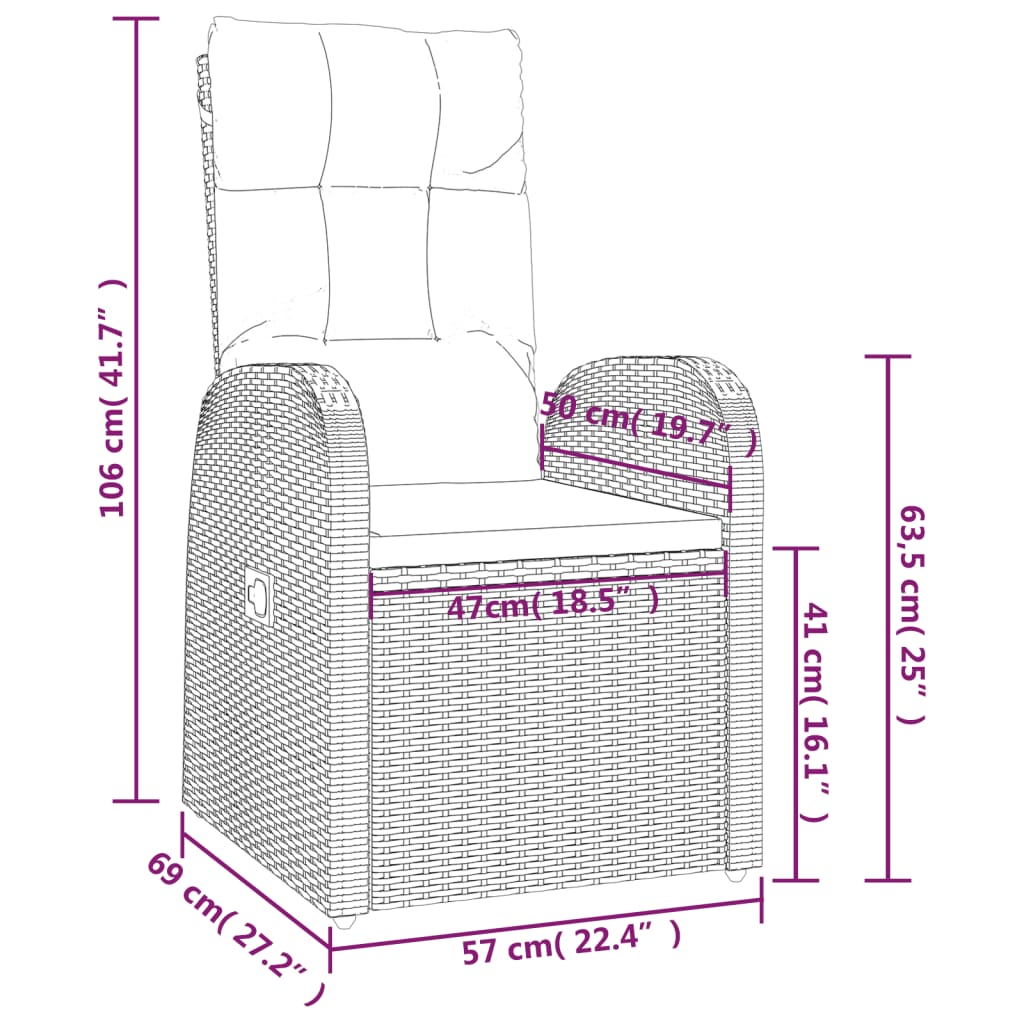 Tuinstoelen 2 st verstelbaar met kussens poly rattan zwart