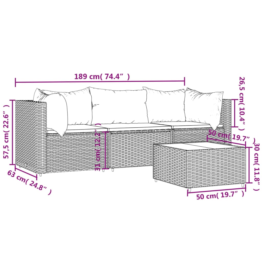 4-delige Loungeset met kussens poly rattan bruin