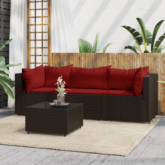 4-delige Loungeset met kussens poly rattan bruin