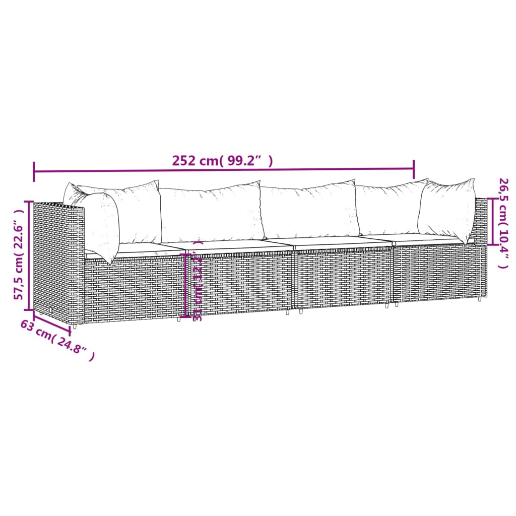 4-delige Loungeset met kussens poly rattan bruin