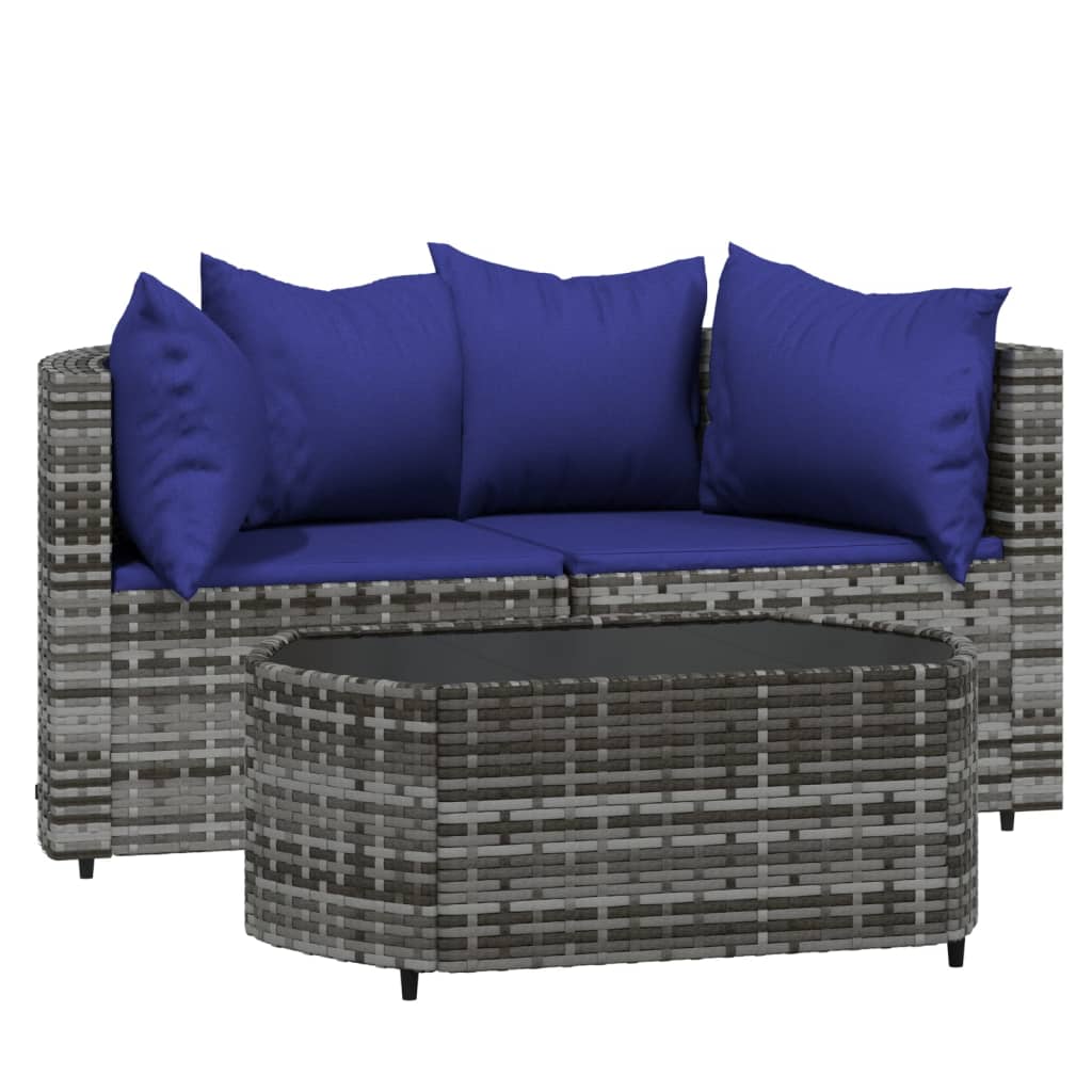 3-delige Loungeset met kussens poly rattan grijs