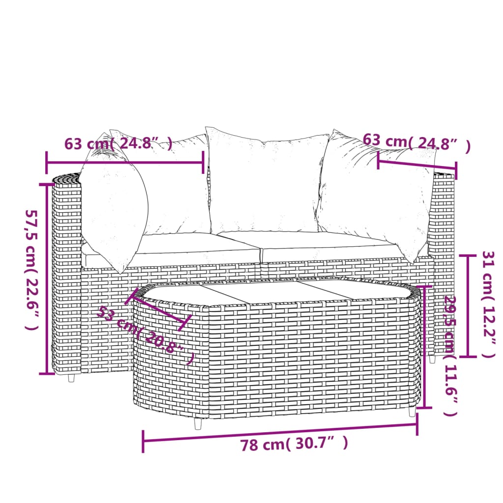 3-delige Loungeset met kussens poly rattan grijs