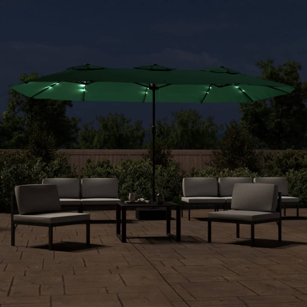 Parasol dubbel dak met LED 449x245 cm groen