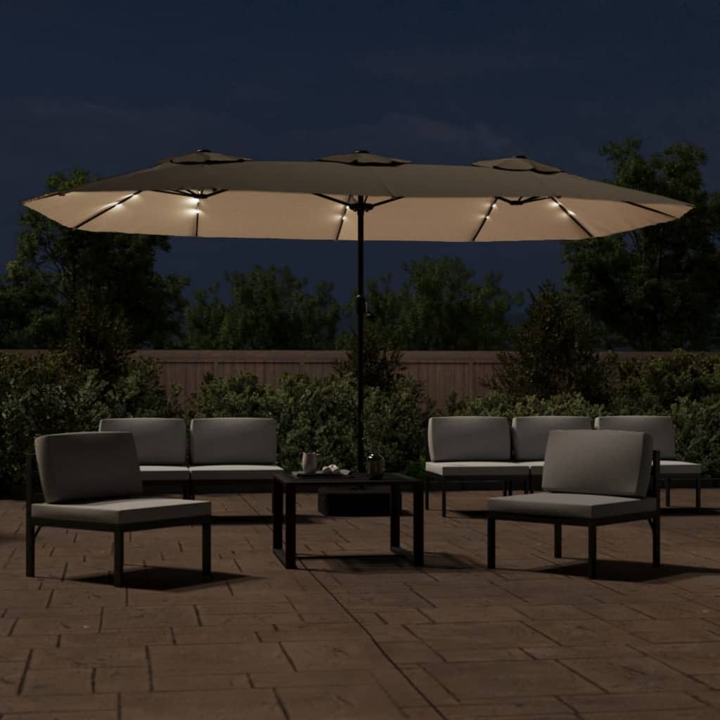 Parasol dubbel dak met LED 449x245 cm taupe