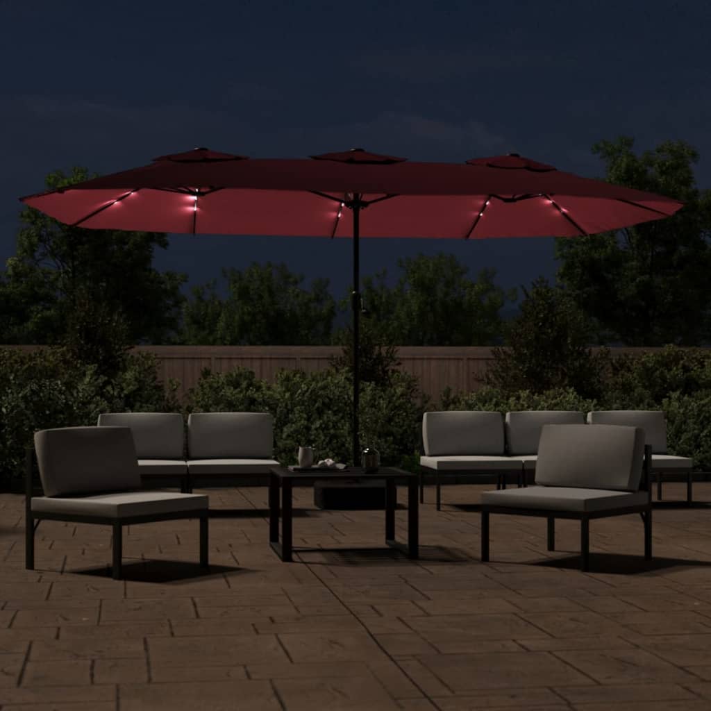 Parasol dubbel dak met LED 449x245 cm bordeauxrood