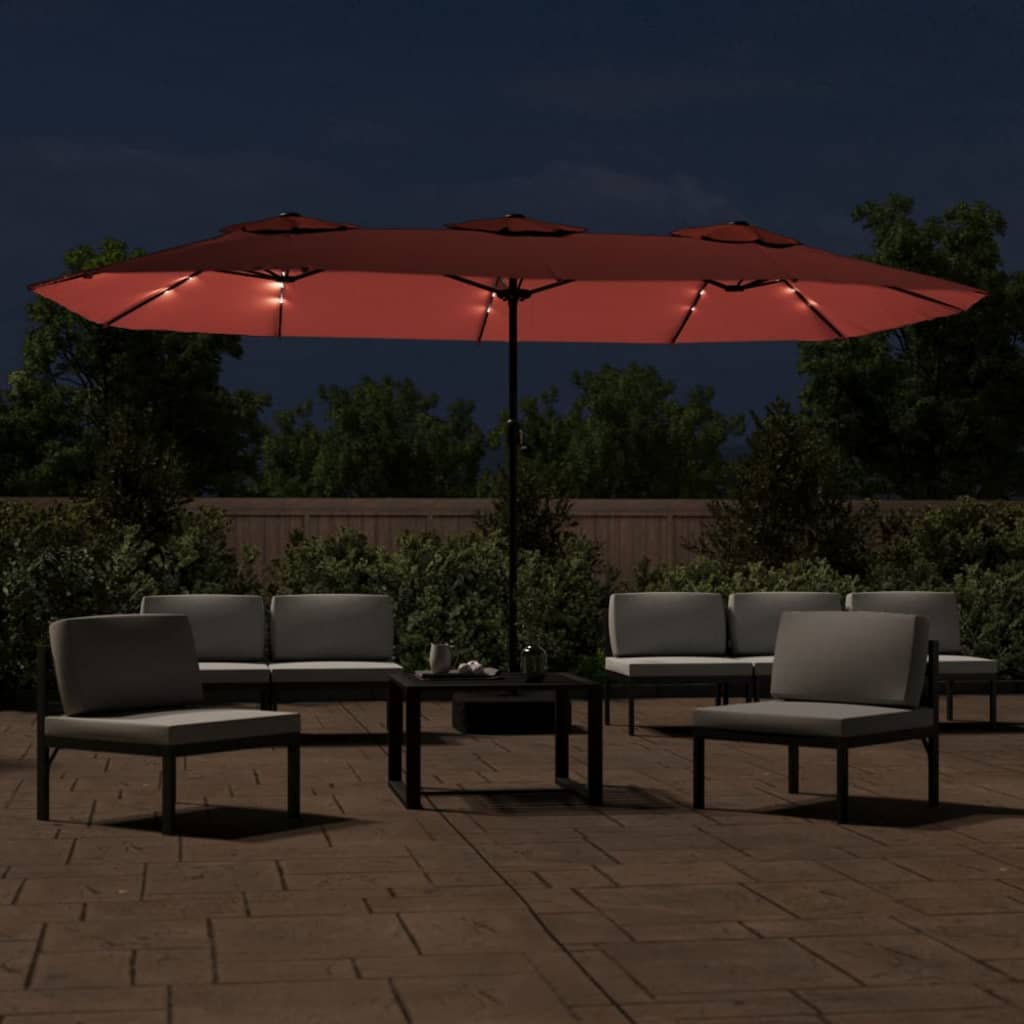 Parasol dubbel dak met LED 449x245 cm terracottakleurig