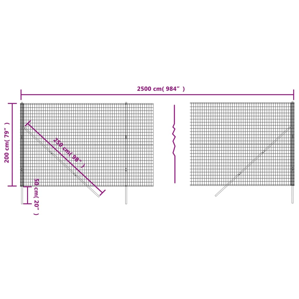 Draadgaashek 2x25 m gegalvaniseerd staal antracietkleur