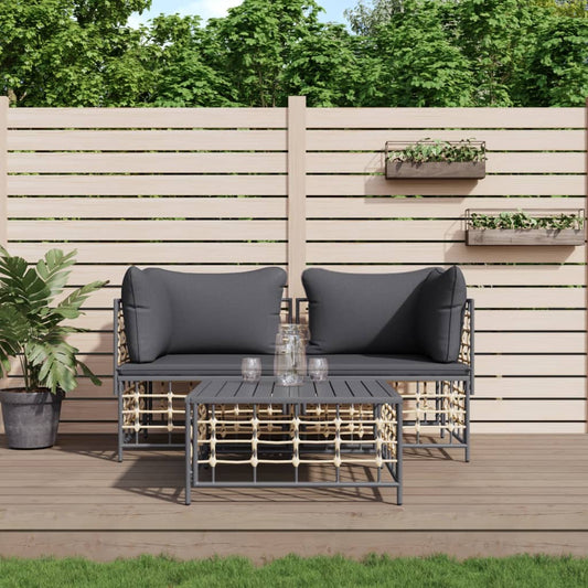 3-delige Loungeset met kussens poly rattan antracietkleurig