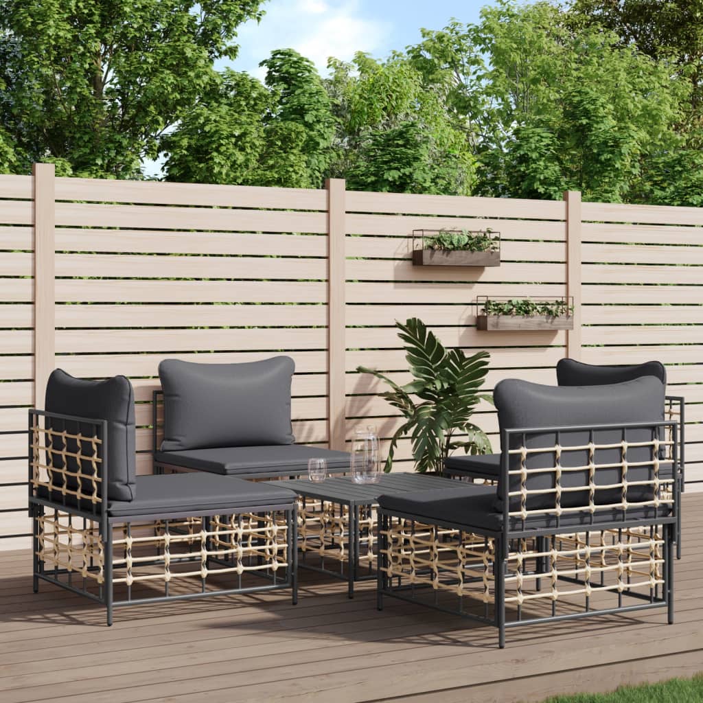 5-delige Loungeset met kussens poly rattan antracietkleurig