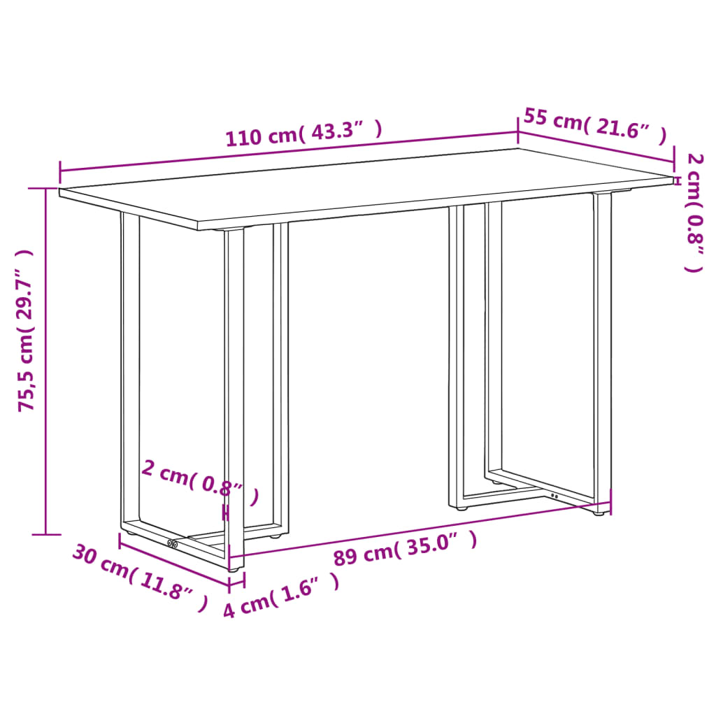 Eettafel 110x55x75,5 cm massief mangohout