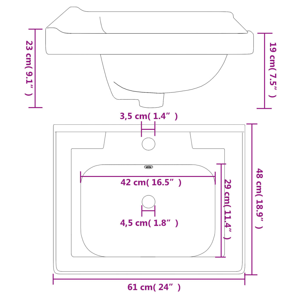 Wastafel rechthoekig 61x48x23 cm keramiek wit