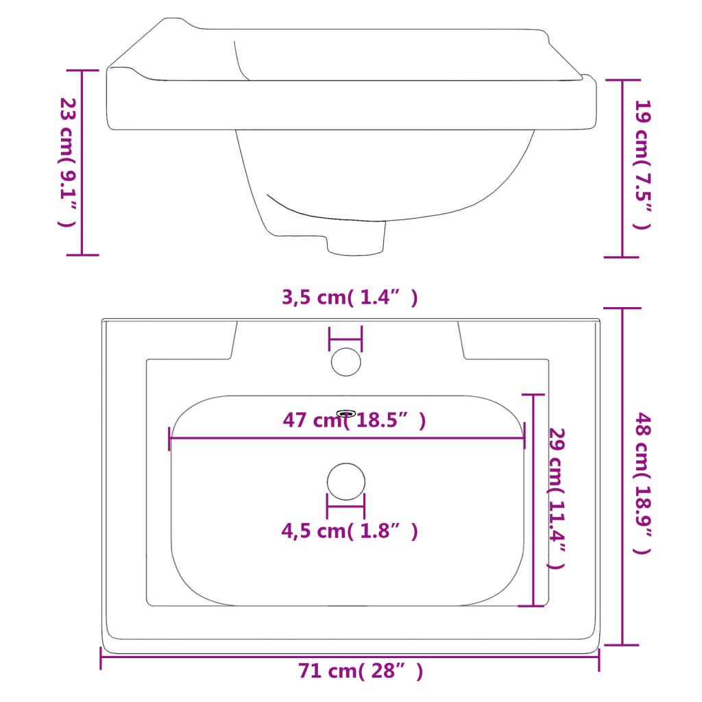 Wastafel rechthoekig 71x48x23 cm keramiek wit