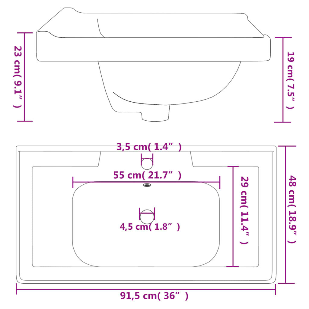 Wastafel rechthoekig 91,5x48x23 cm keramiek wit