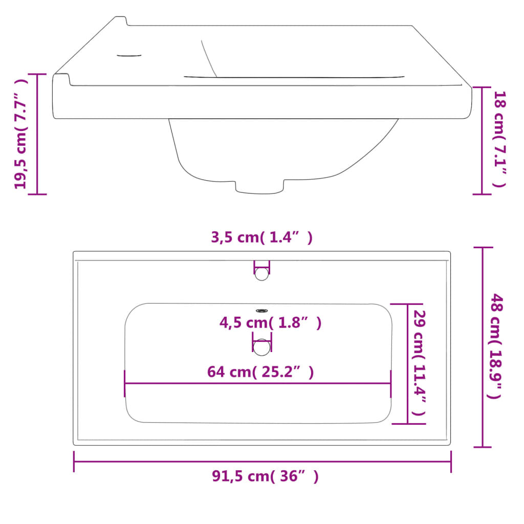 Wastafel rechthoekig 91,5x48x19,5 cm keramiek wit