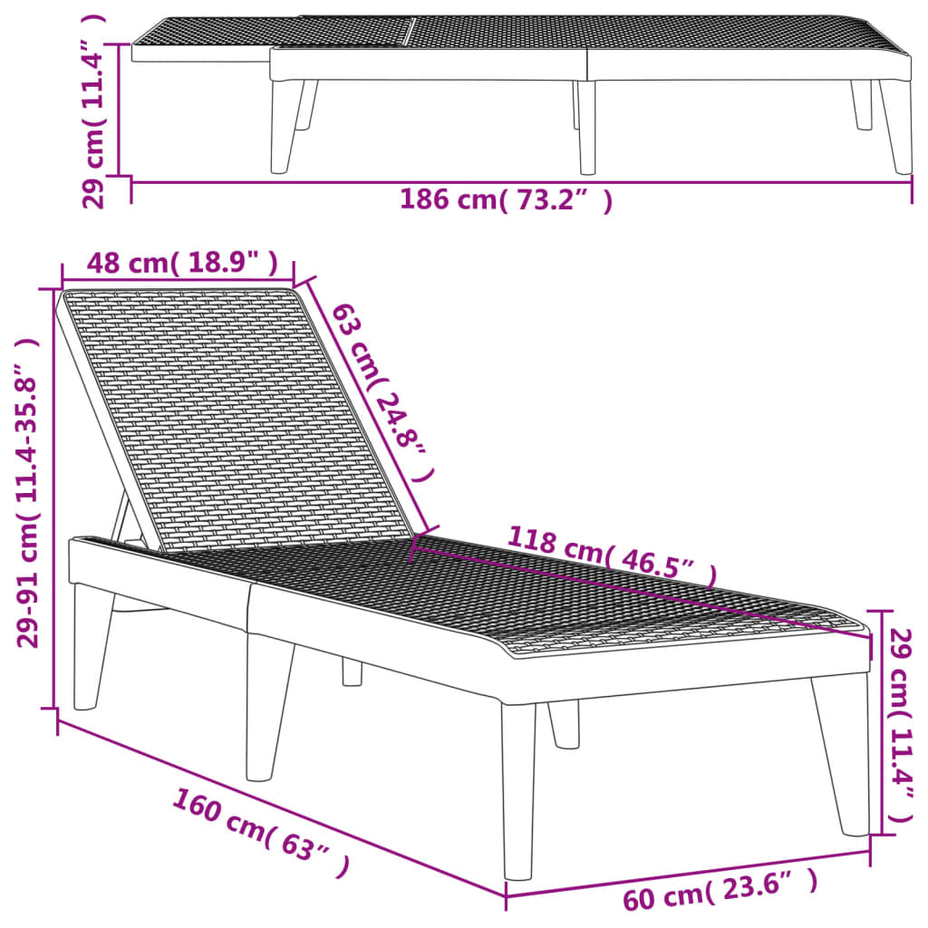 Ligbed 186x60x29 cm polypropeen bruin