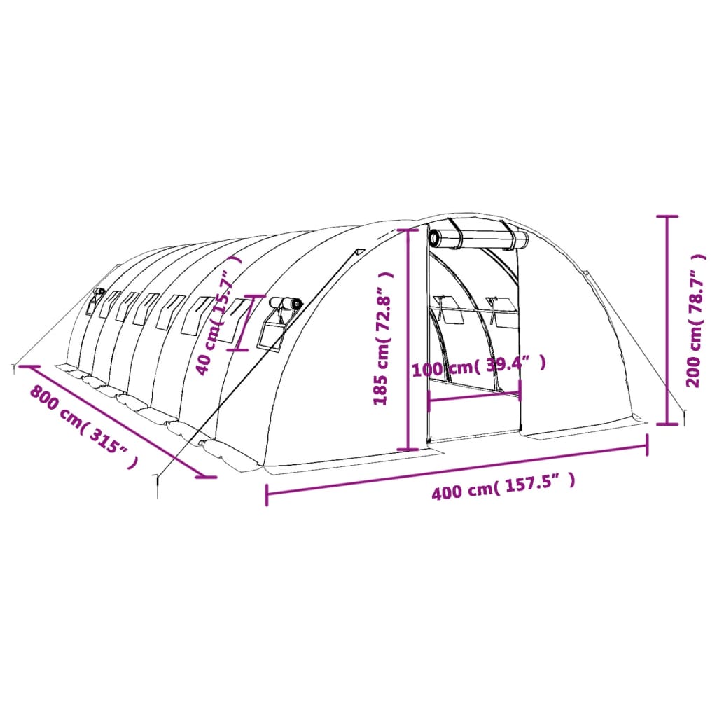 Tuinkas met stalen frame 32 m² 8x4x2 m wit