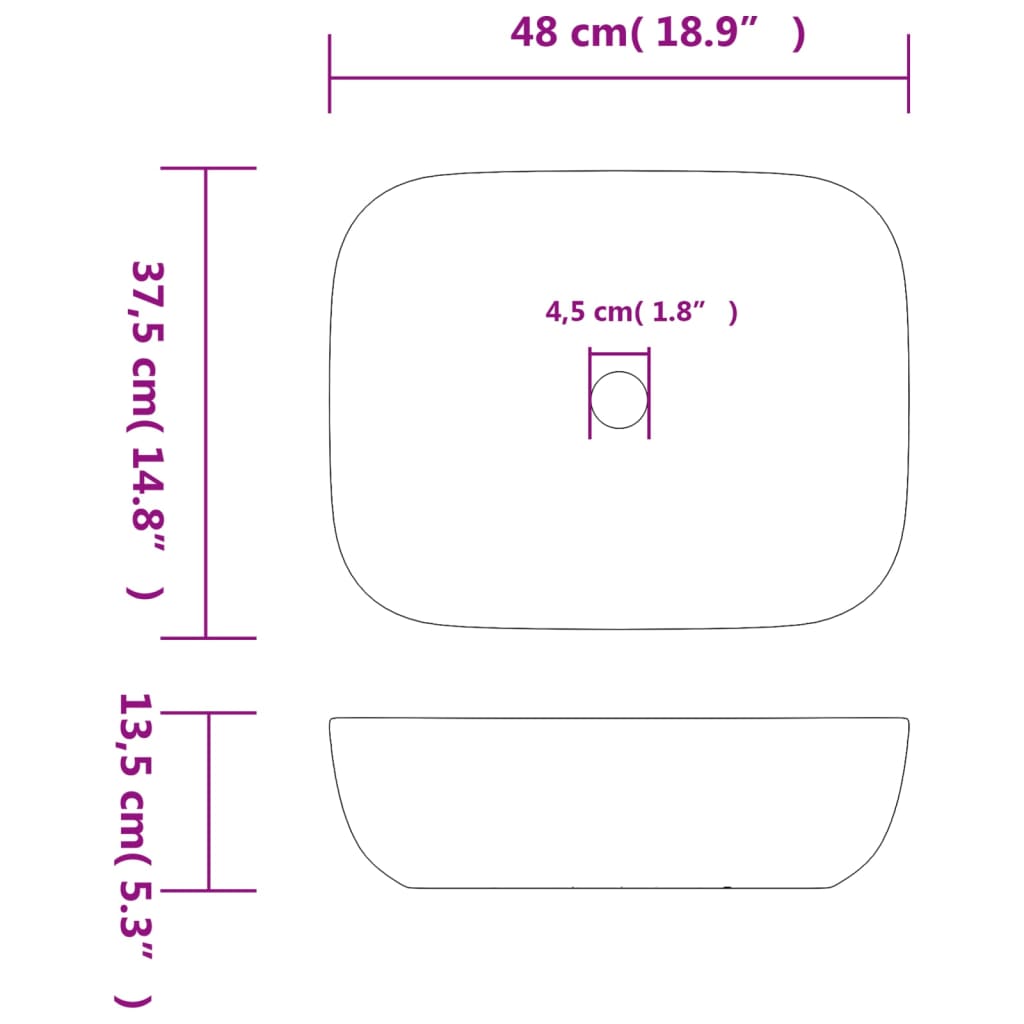 Opzetwasbak rechthoekig 48x37,5x13,5 cm keramiek grijs en zwart