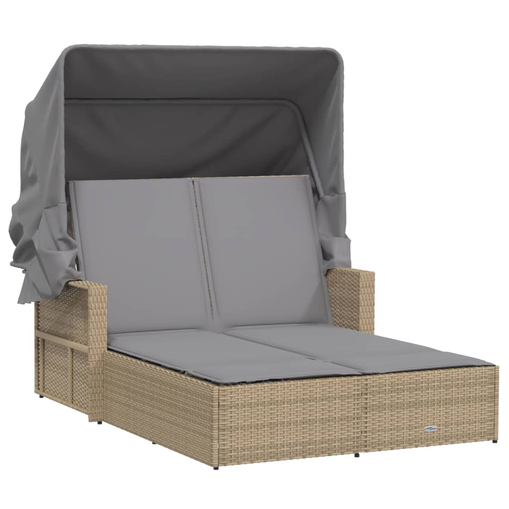 Ligbed 2-persoons luifel en kussens poly rattan gemengd beige