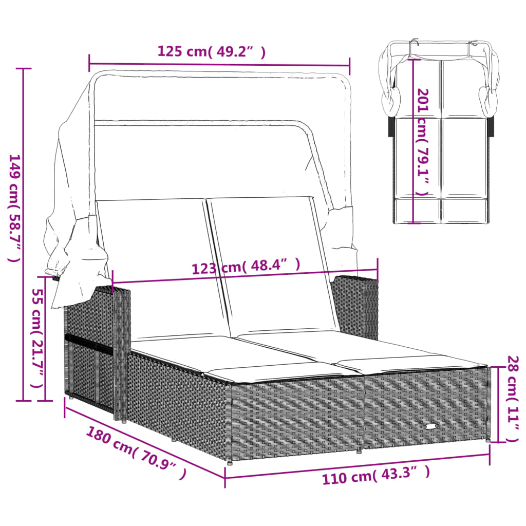 Ligbed 2-persoons luifel en kussens poly rattan gemengd beige