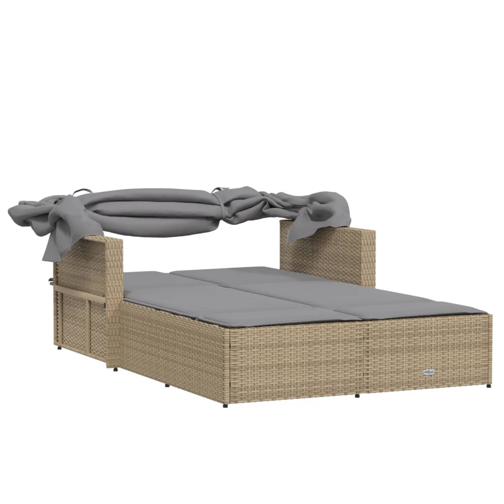 Ligbed 2-persoons luifel en kussens poly rattan gemengd beige