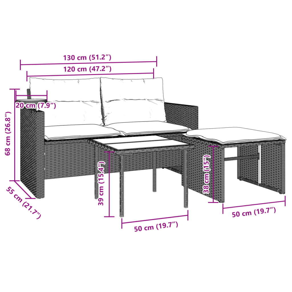 3-delige Loungeset met kussens poly rattan lichtgrijs