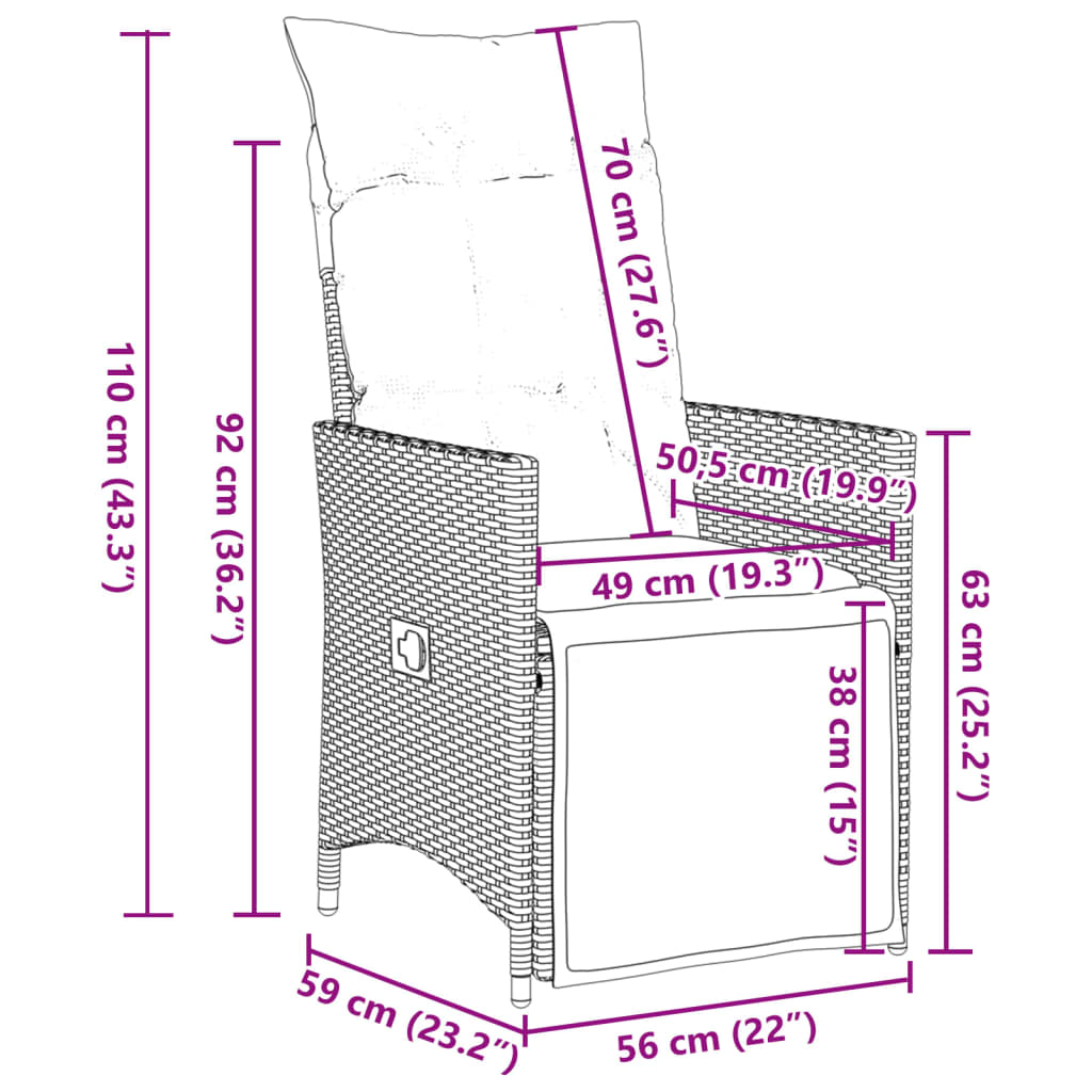 Tuinstoelen 2 st verstelbaar met kussens poly rattan grijs