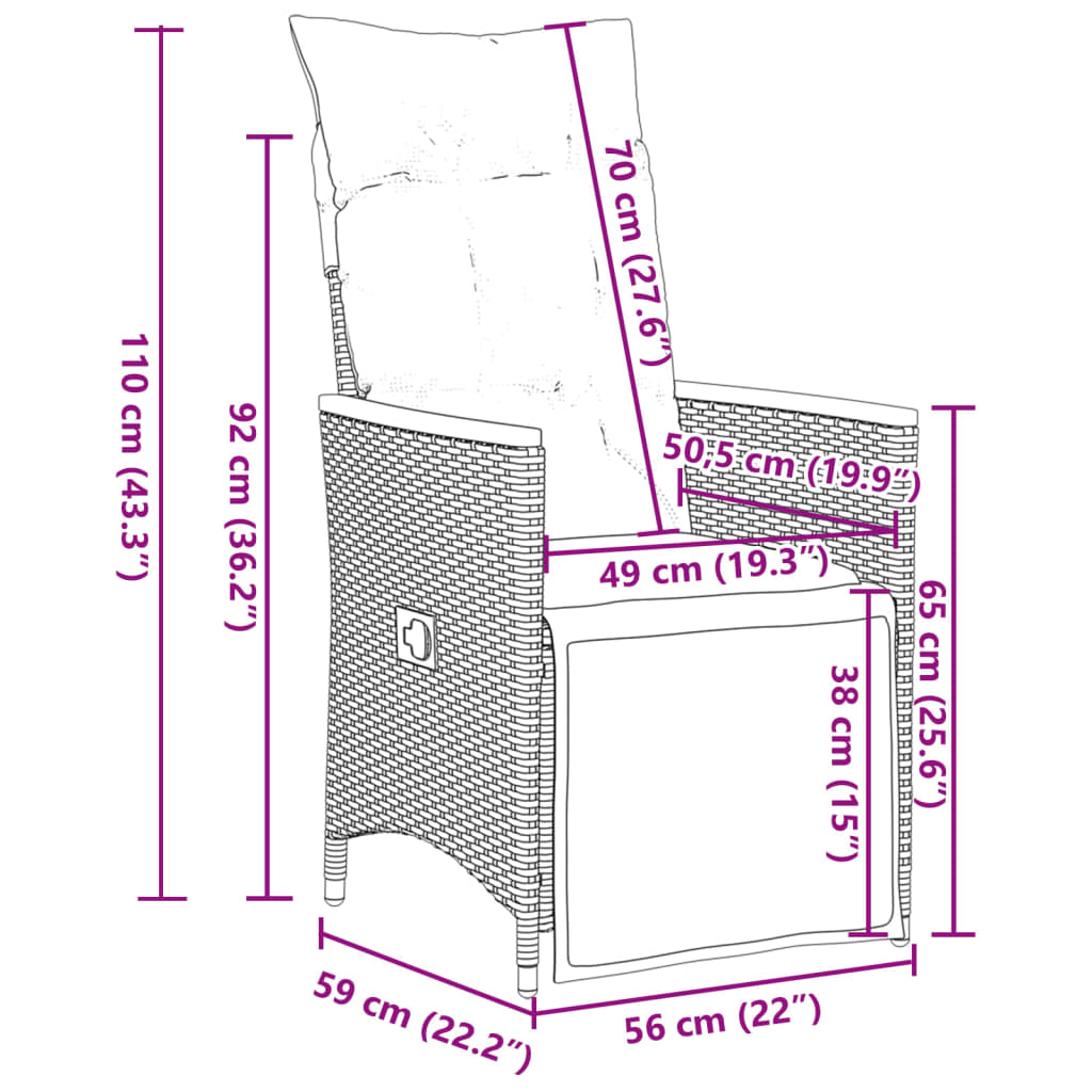 Tuinstoelen 2 st verstelbaar met kussens poly rattan grijs