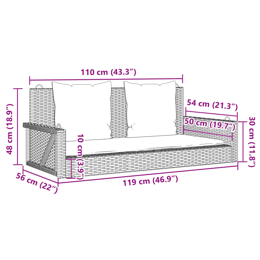 Schommelbank met kussens 119x56x48 cm poly rattan zwart