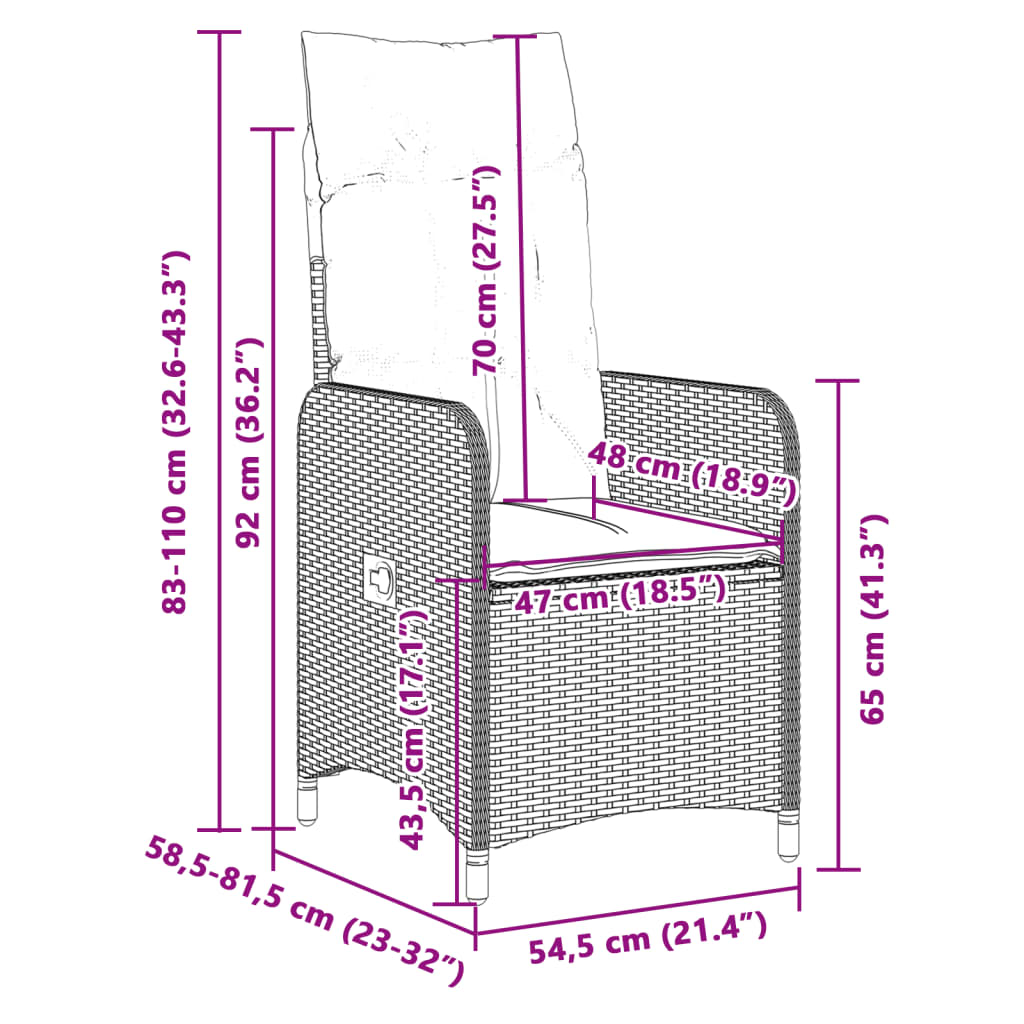 Tuinstoelen 2 st verstelbaar met kussens poly rattan grijs