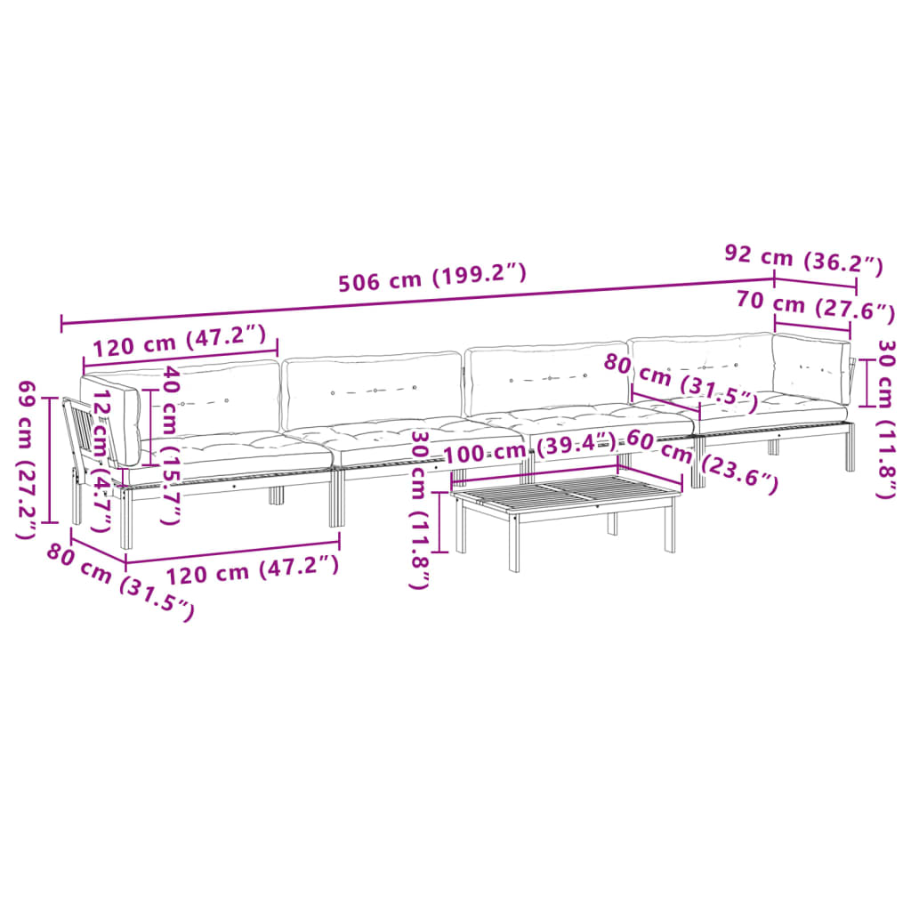 5-delige Loungeset pallet met kussens massief acaciahout