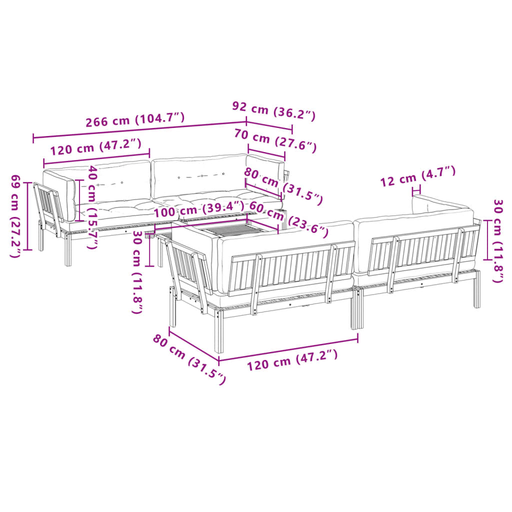 5-delige Loungeset pallet met kussens massief acaciahout