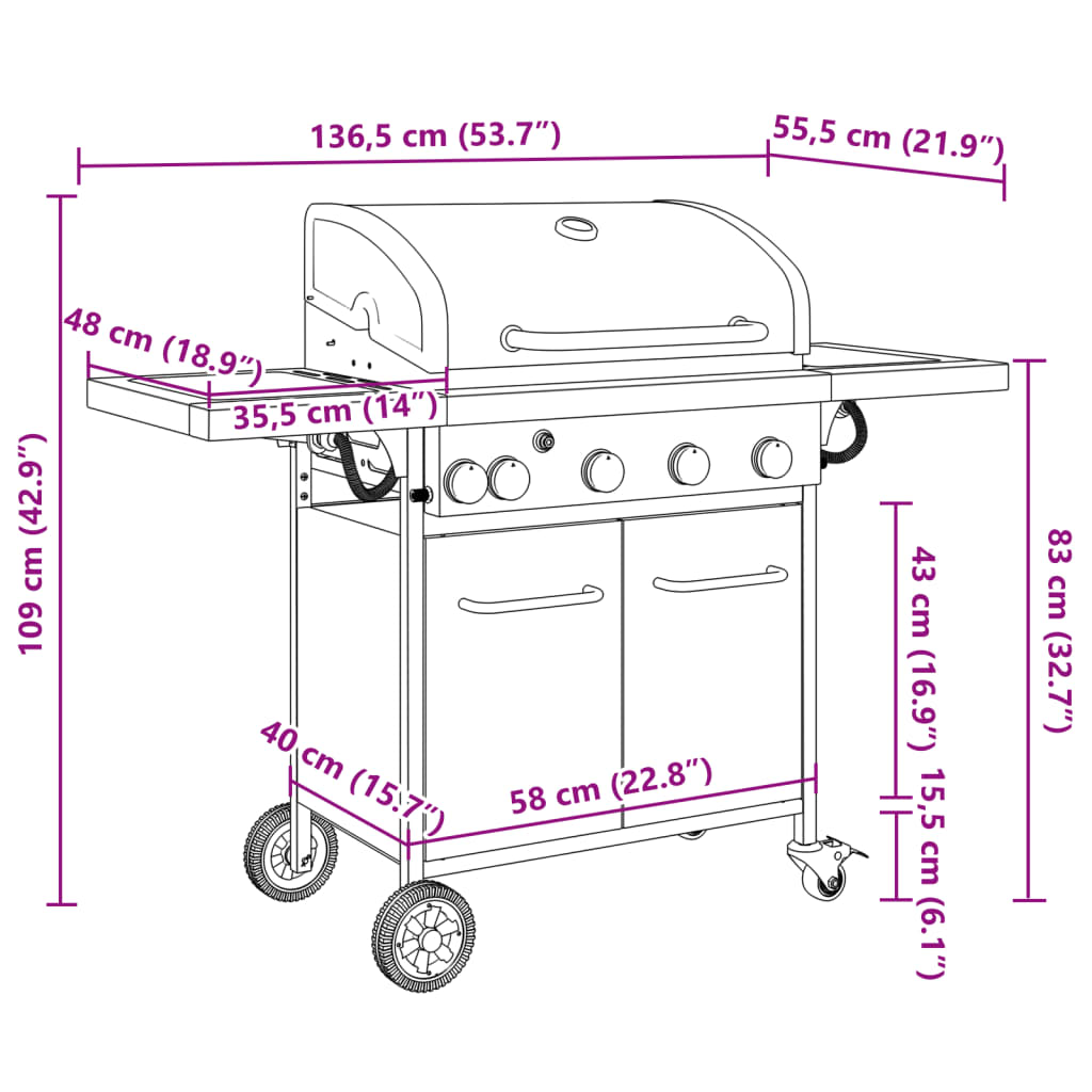 Gasbarbecue met 5 branders gepoedercoat staal zwart