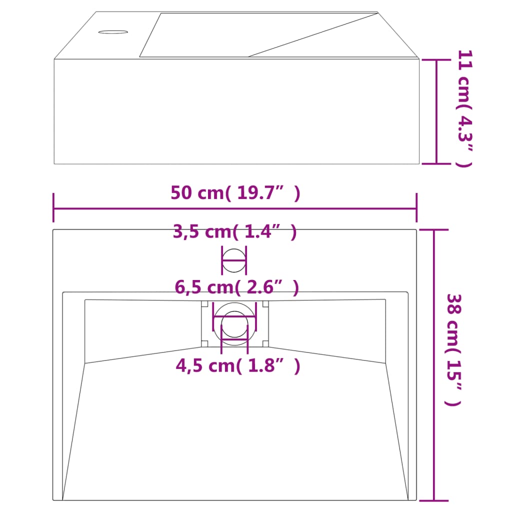 Wastafel 50x38x11 cm mineraal gegoten/marmer gegoten antraciet