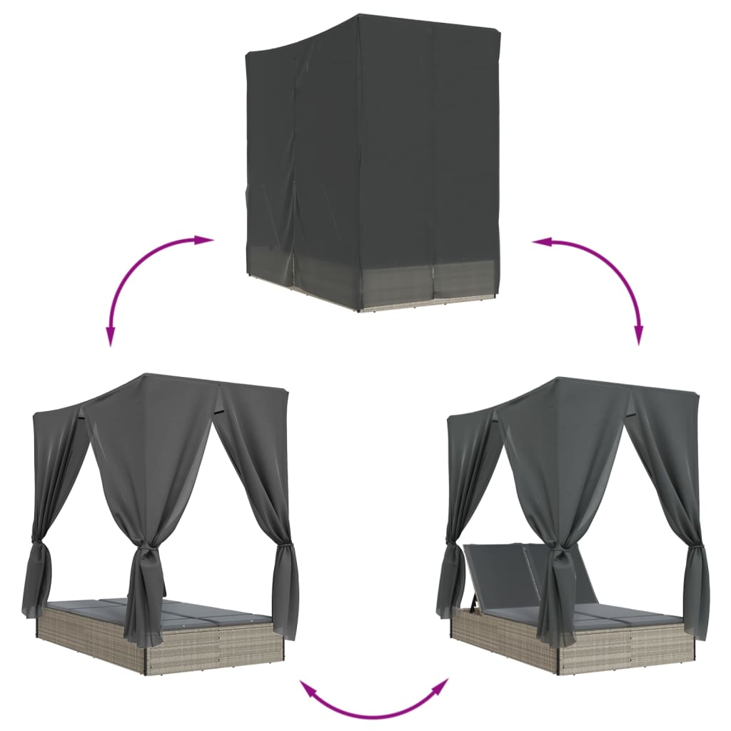 Ligbed tweepersoons met dak en gordijn poly rattan lichtgrijs