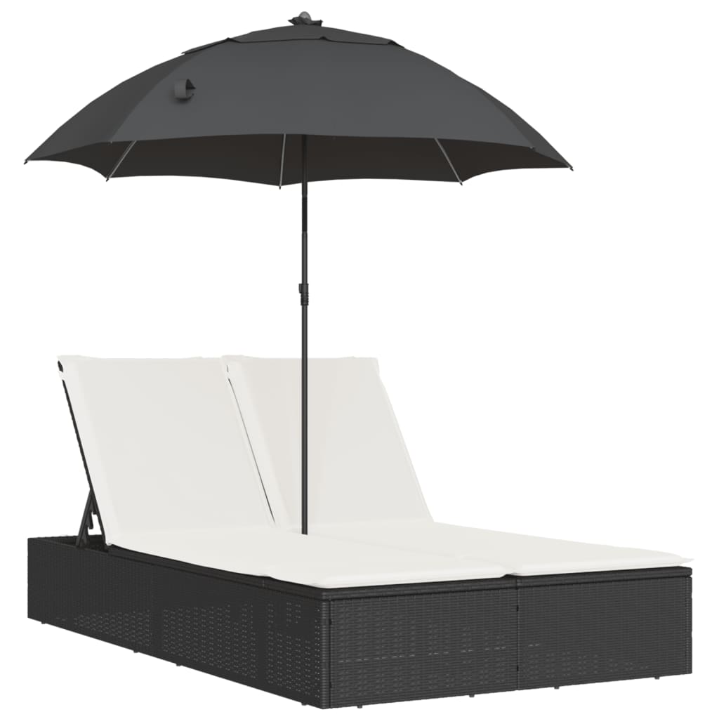 Ligbed 2-persoons met kussens en parasol poly rattan zwart