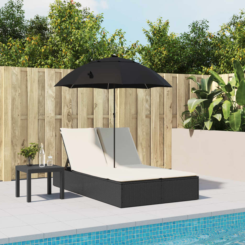 Ligbed 2-persoons met kussens en parasol poly rattan zwart