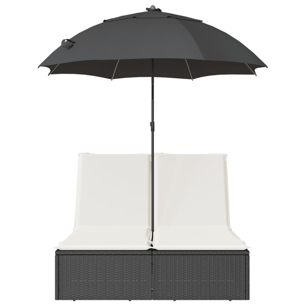 Ligbed 2-persoons met kussens en parasol poly rattan zwart