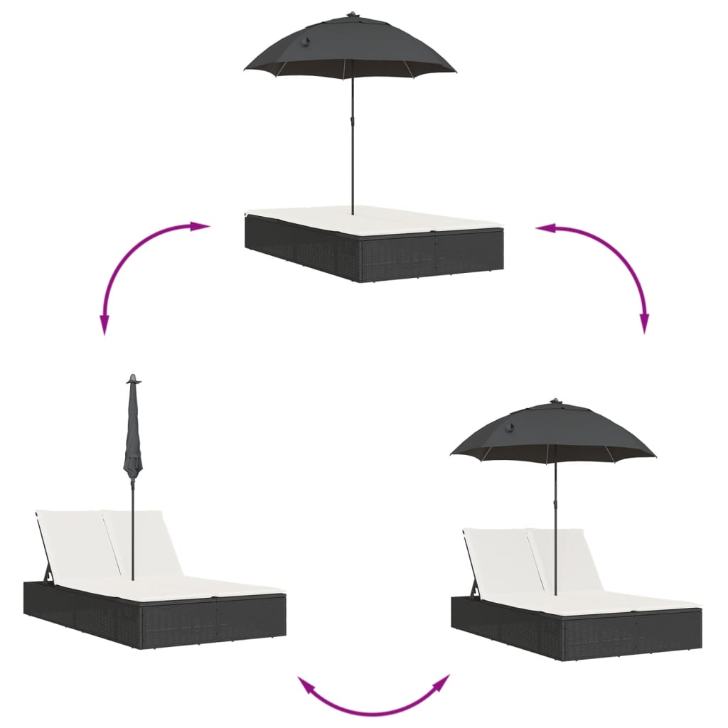 Ligbed 2-persoons met kussens en parasol poly rattan zwart