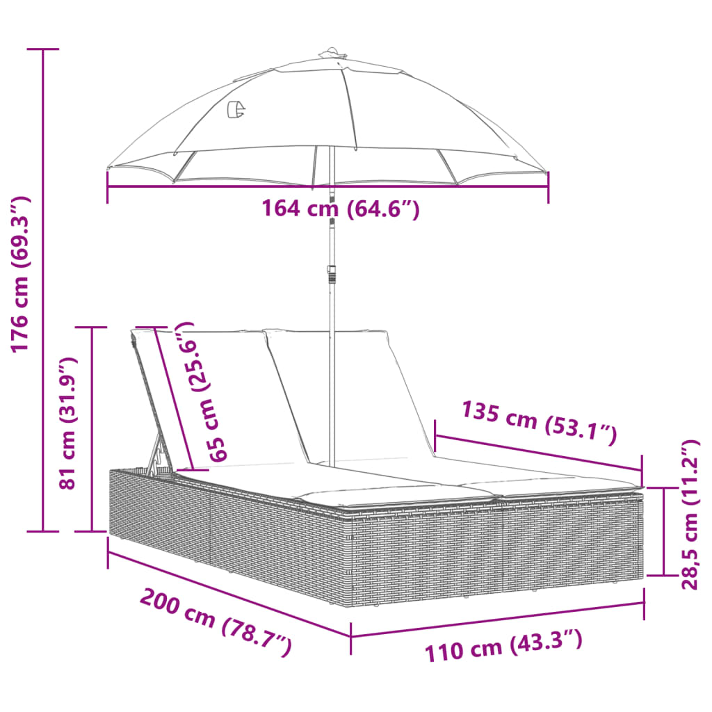 Ligbed 2-persoons met kussens en parasol poly rattan zwart