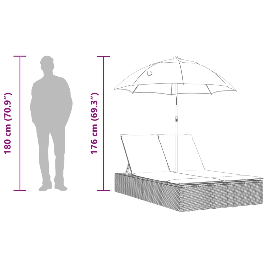 Ligbed 2-persoons met kussens en parasol poly rattan zwart