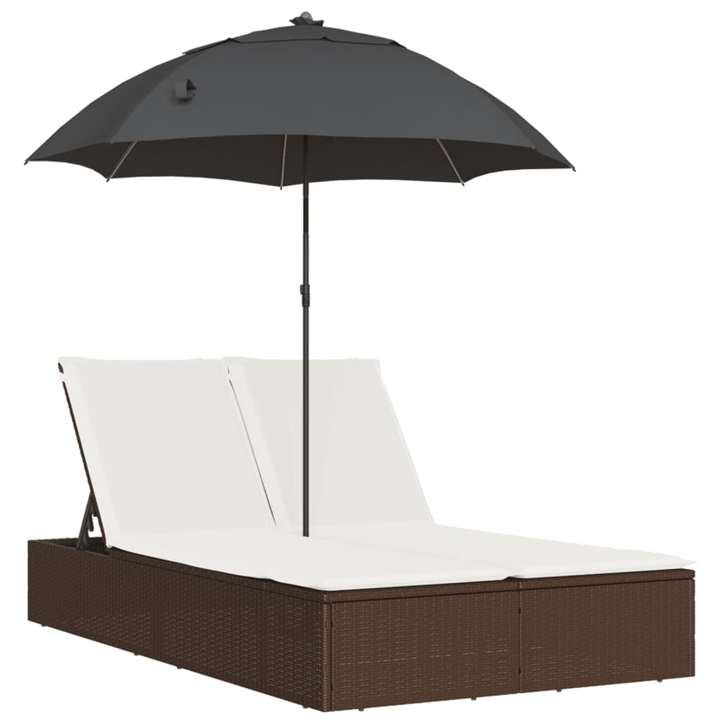 Ligbed 2-persoons met kussens en parasol poly rattan bruin